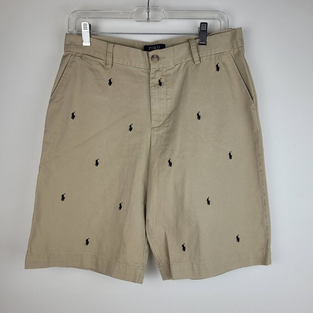 Vtg Polo Ralph Lauren Mens Signature Logo Insignia Pattern Shorts Tan Navy Sz 30
